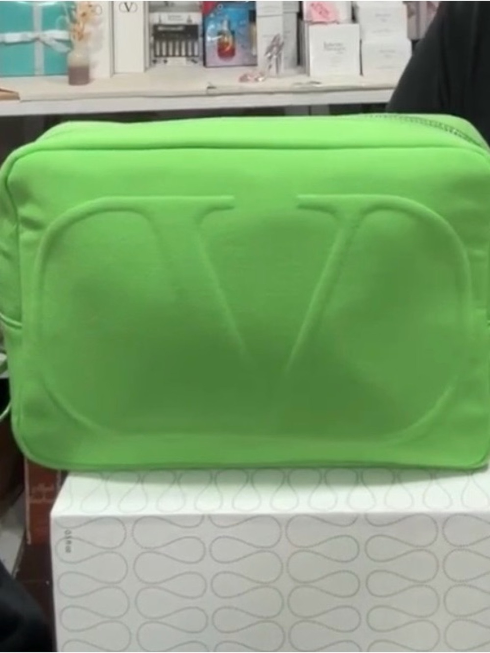 Valentino Garavani Neon Green Embossed V Toiletry Bag
